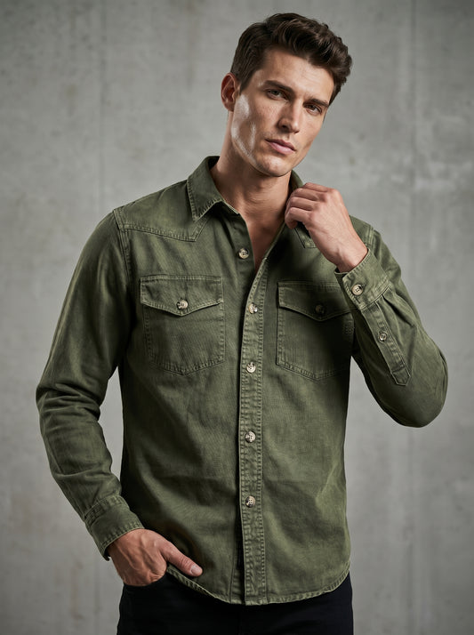 Olive regular-fit denim western shirt with buttoned front and two chest pockets