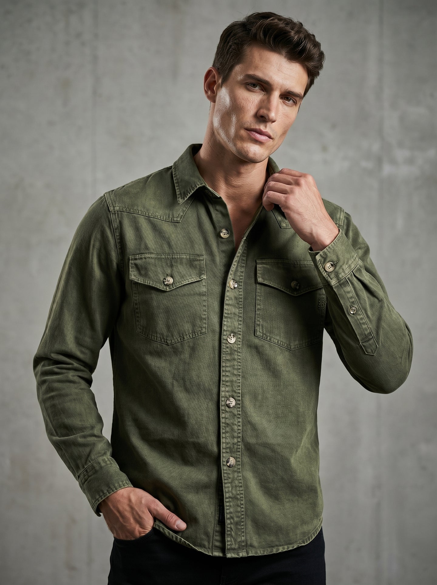 Olive regular-fit denim western shirt with buttoned front and two chest pockets
