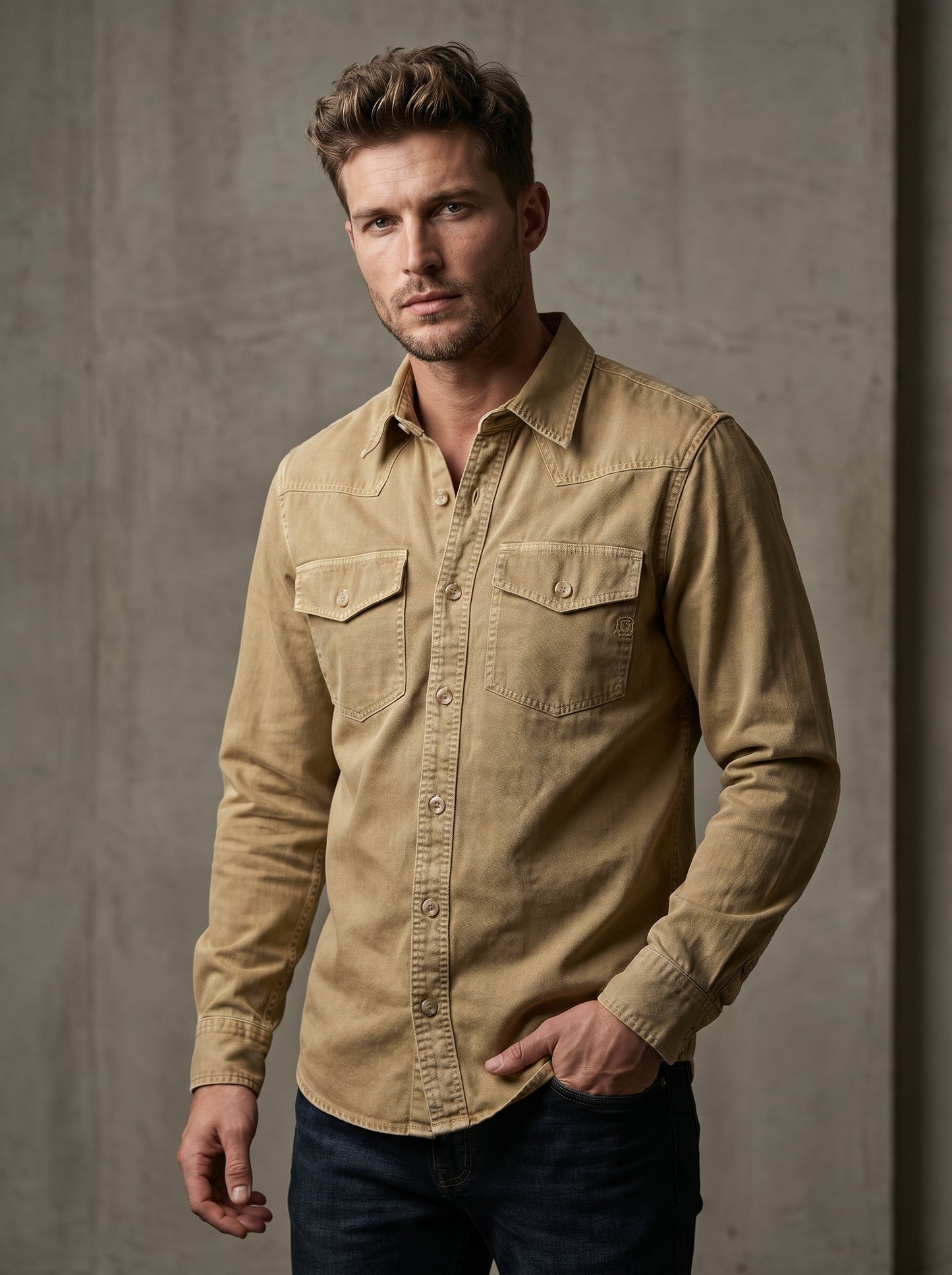 Tan beige denim western shirt with button front and flap chest pockets