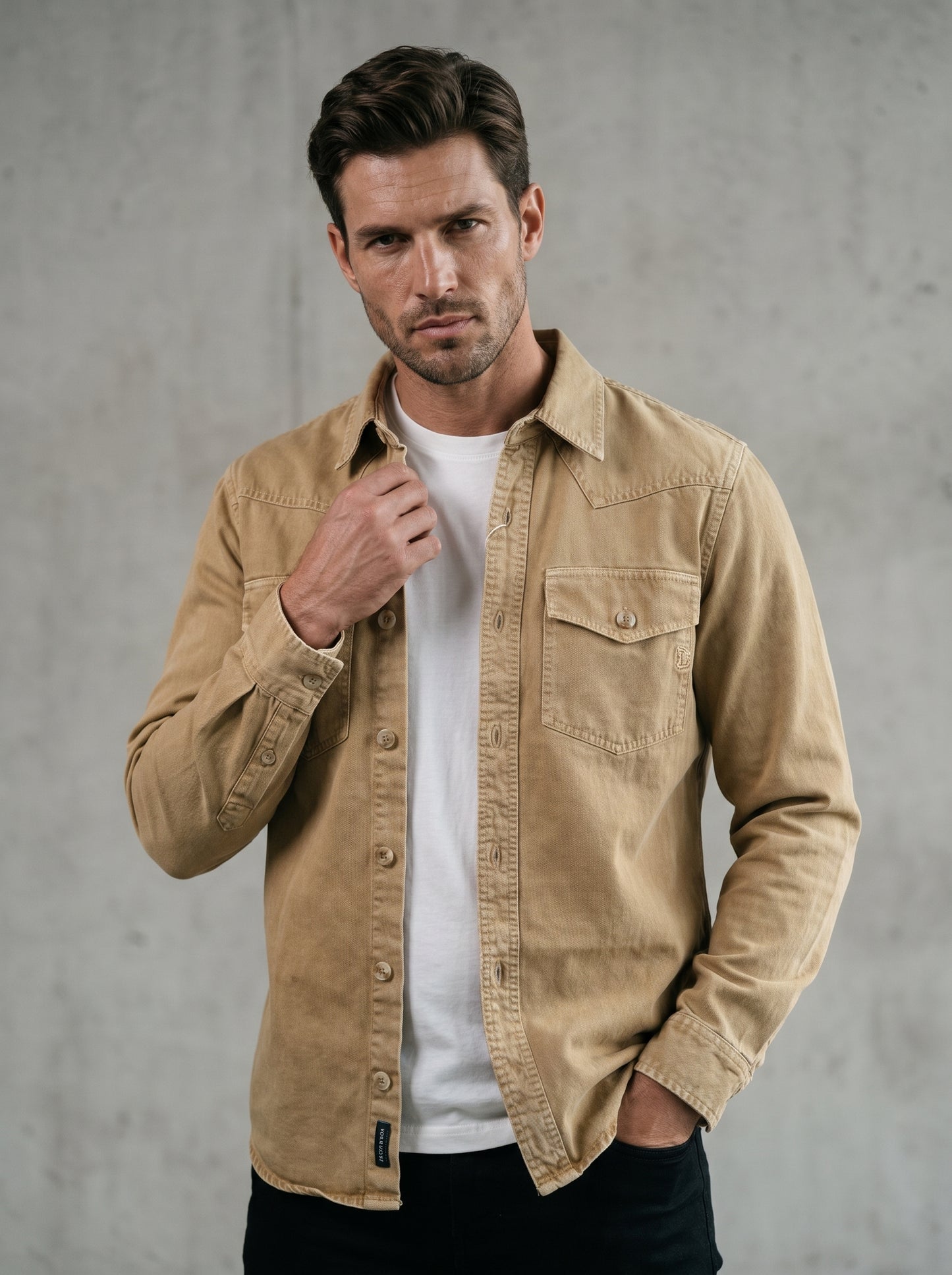 Tan beige denim western shirt with button front and flap chest pockets