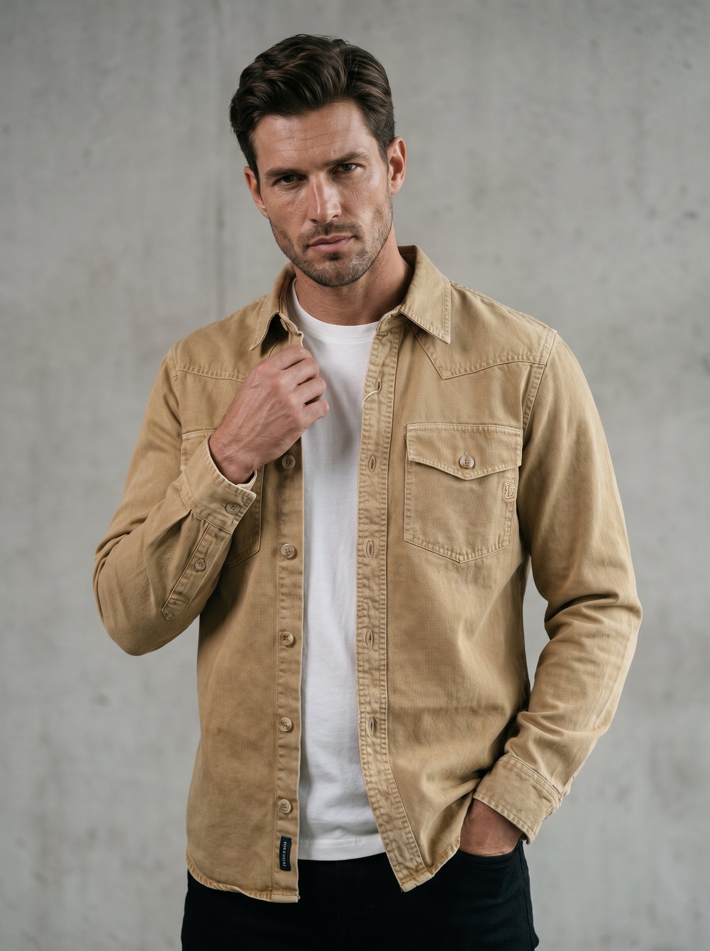 Tan beige denim western shirt with button front and flap chest pockets