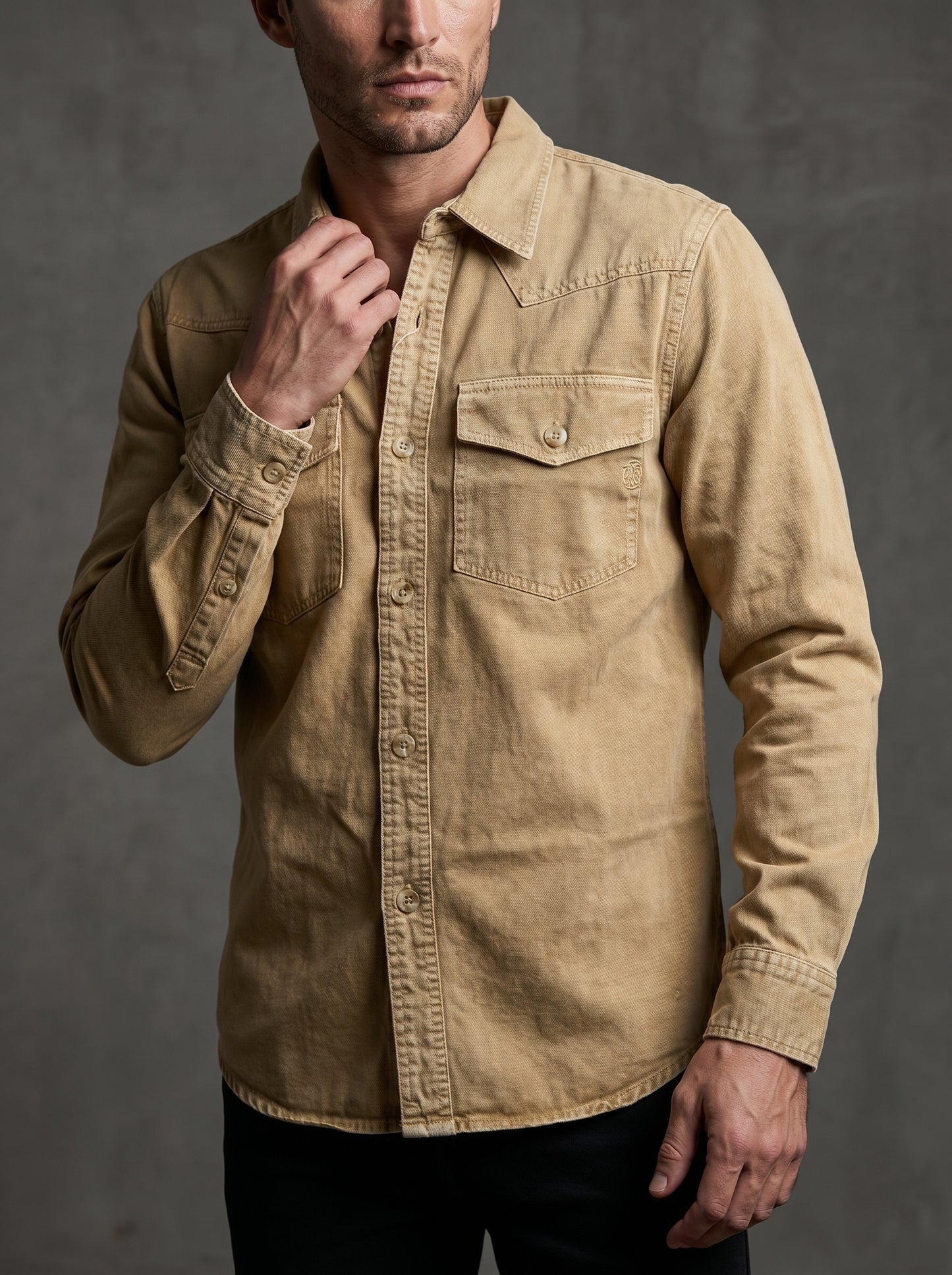 Tan beige denim western shirt with pointed collar, button front, and flap chest pocket