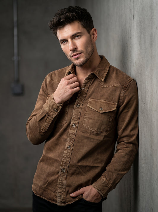 Brown denim western shirt with pointed collar, snap placket, and chest flap pocket.