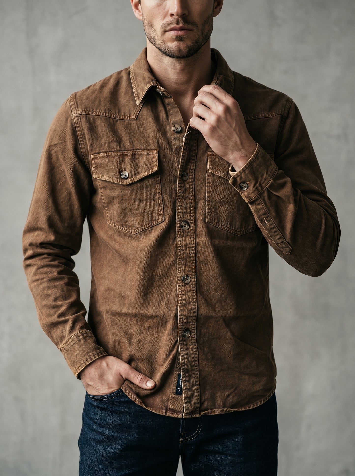 Brown denim western shirt with pointed collar, flap chest pockets, and snap cuffs.
