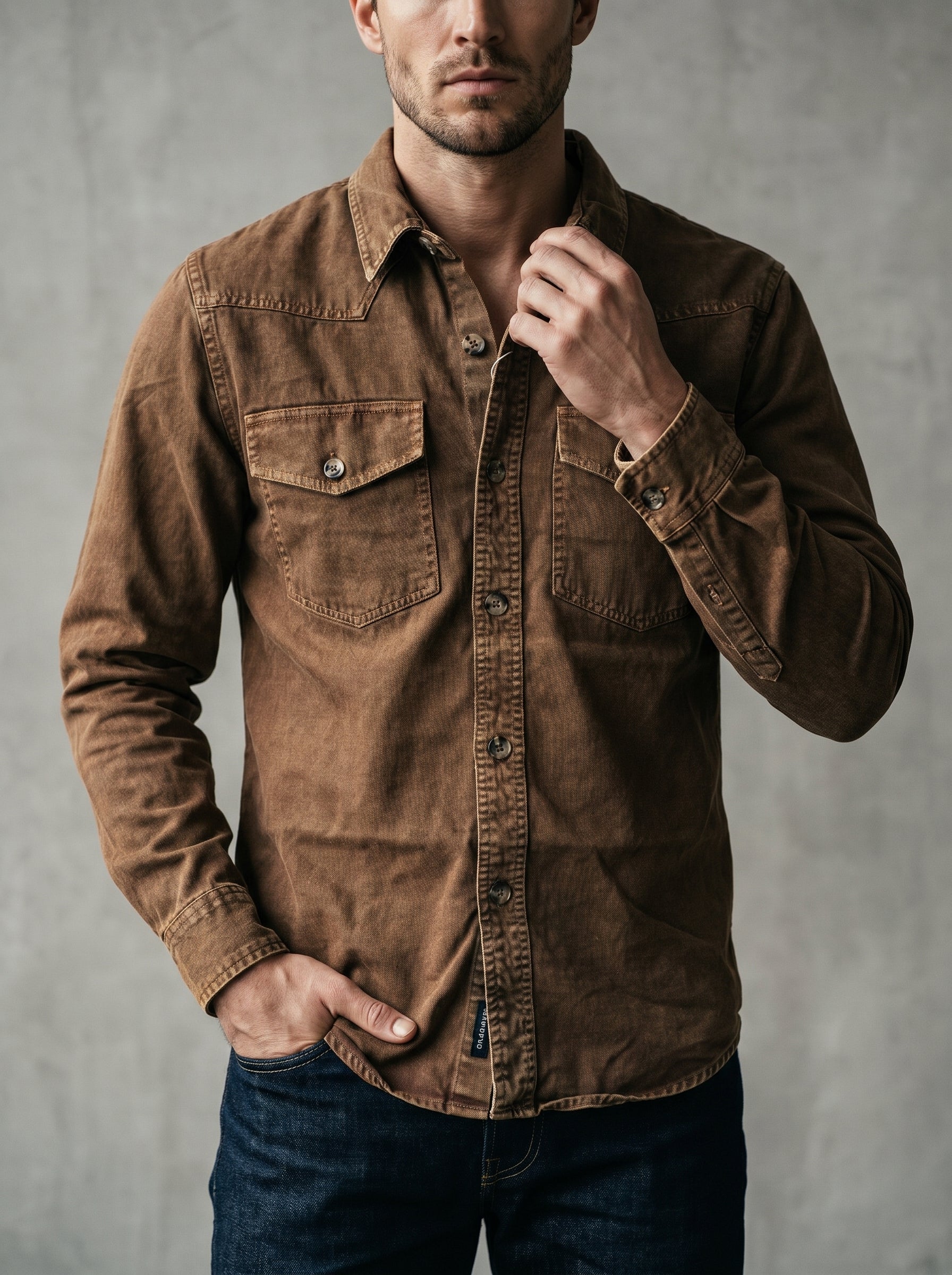 Brown denim western shirt with pointed collar, flap chest pockets, and snap cuffs.