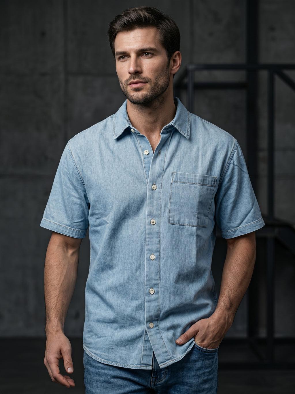 Powder blue denim half-sleeve shirt with button front and chest pocket