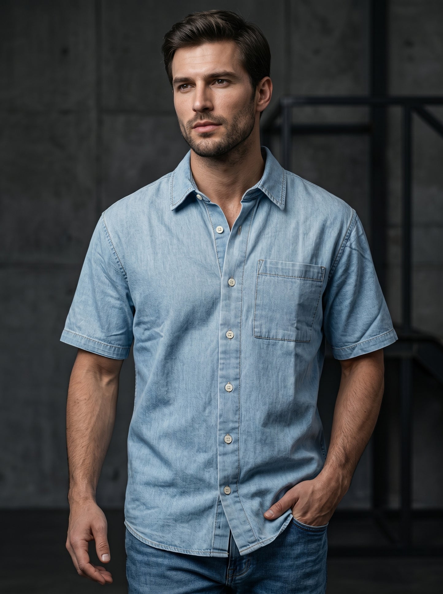 Powder blue denim half-sleeve shirt with button front and chest pocket