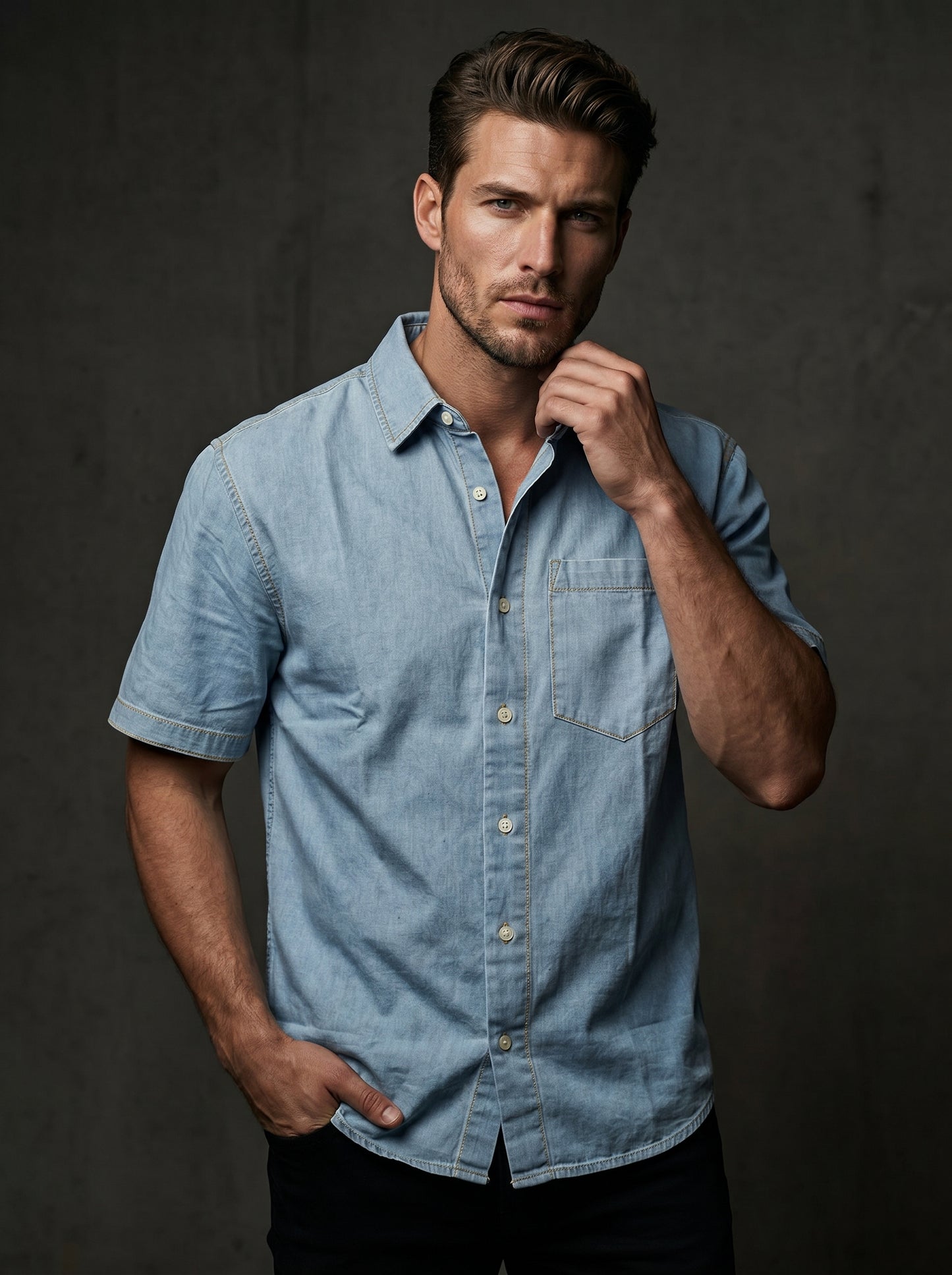 Powder blue denim half-sleeve shirt with button front and chest pocket