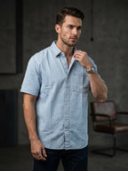 Powder blue denim half-sleeve shirt on model, button front and chest pocket