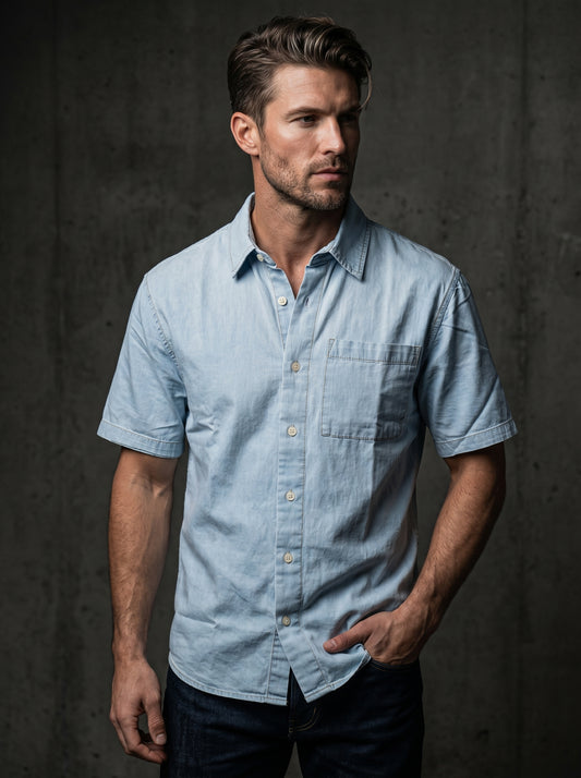 Light blue half-sleeve denim shirt, button front and left chest pocket