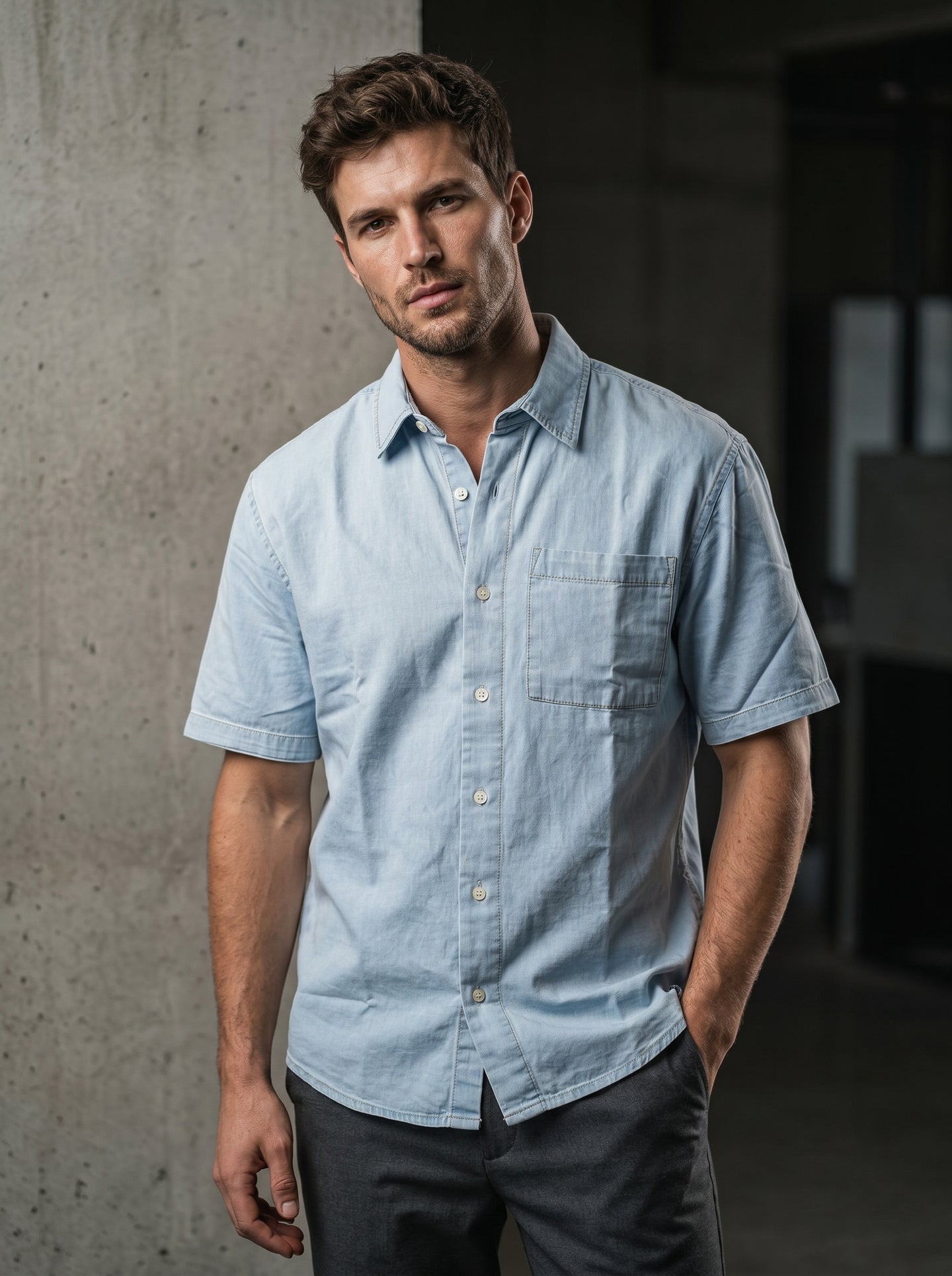 Light blue half-sleeve denim shirt on model, button front and pocket