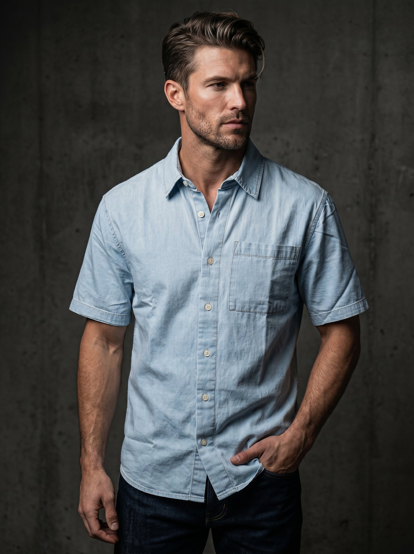 Light blue half-sleeve denim shirt, button front and left chest pocket