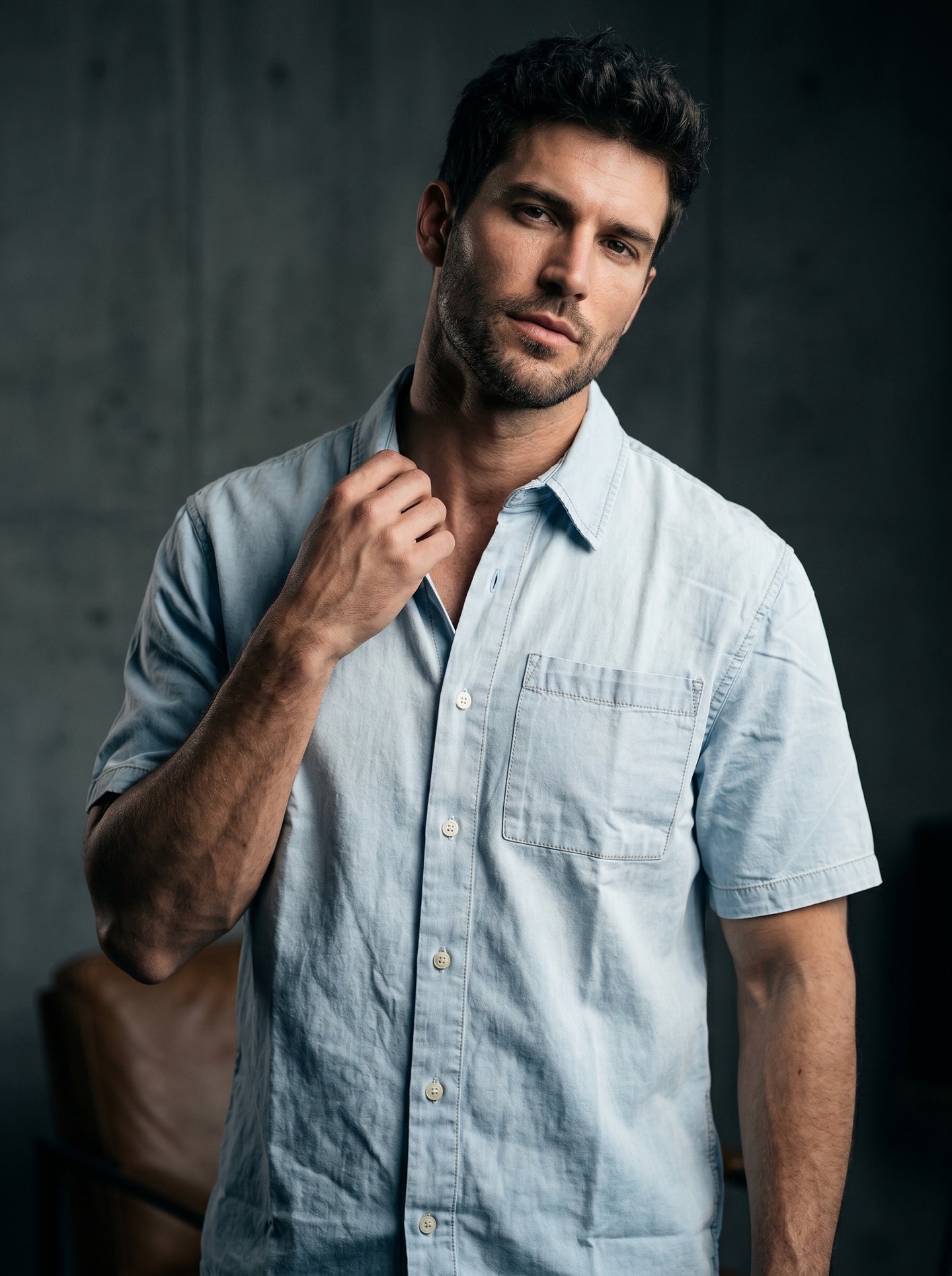 Light blue half-sleeve denim shirt with button front and chest pocket