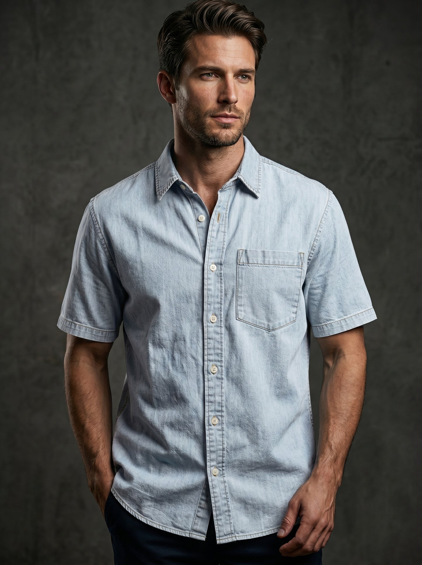 Mint light-wash denim half-sleeve button-up shirt, straight front with pocket