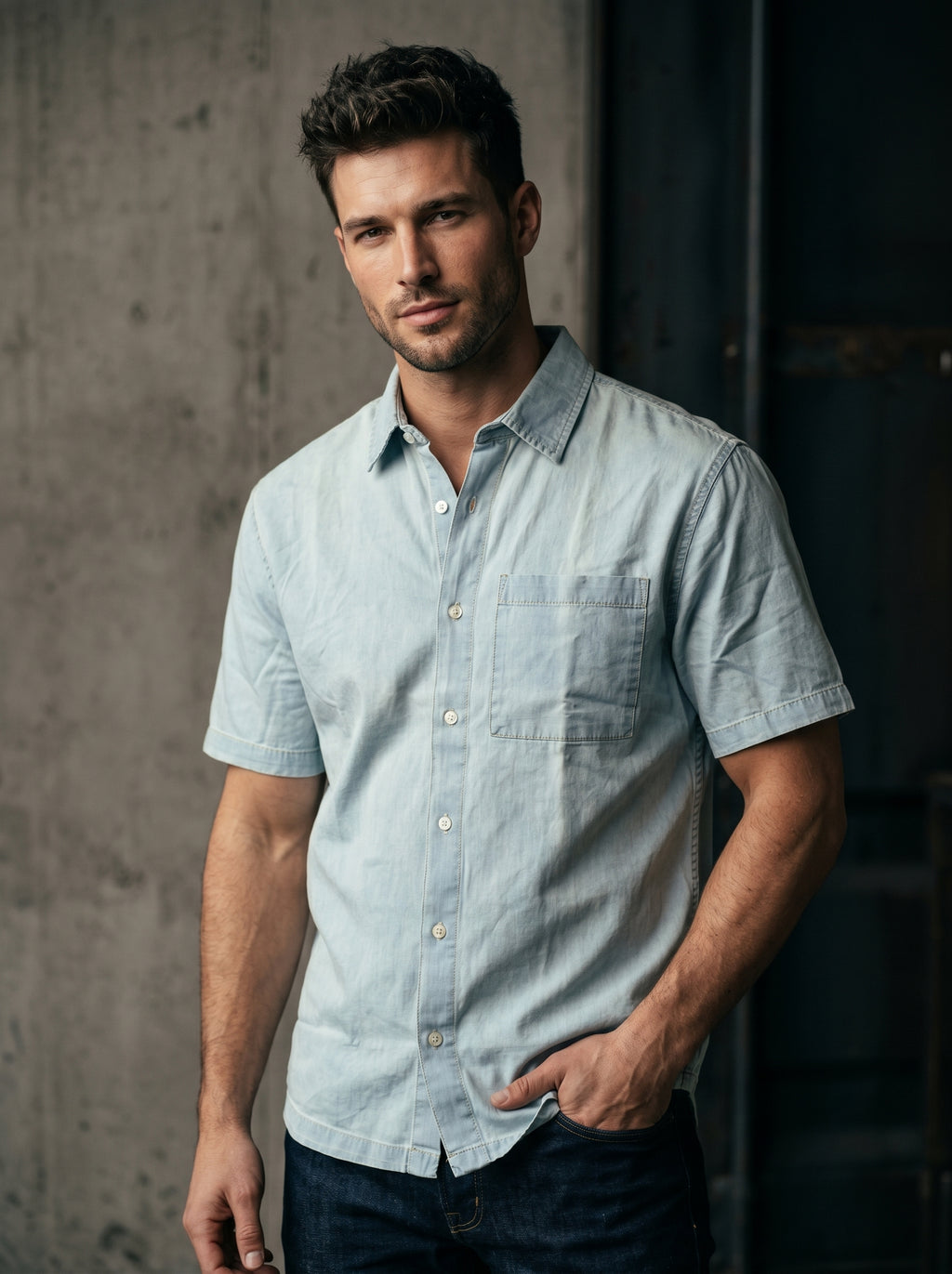 Mint light-wash denim half-sleeve button-up shirt, front view with chest pocket