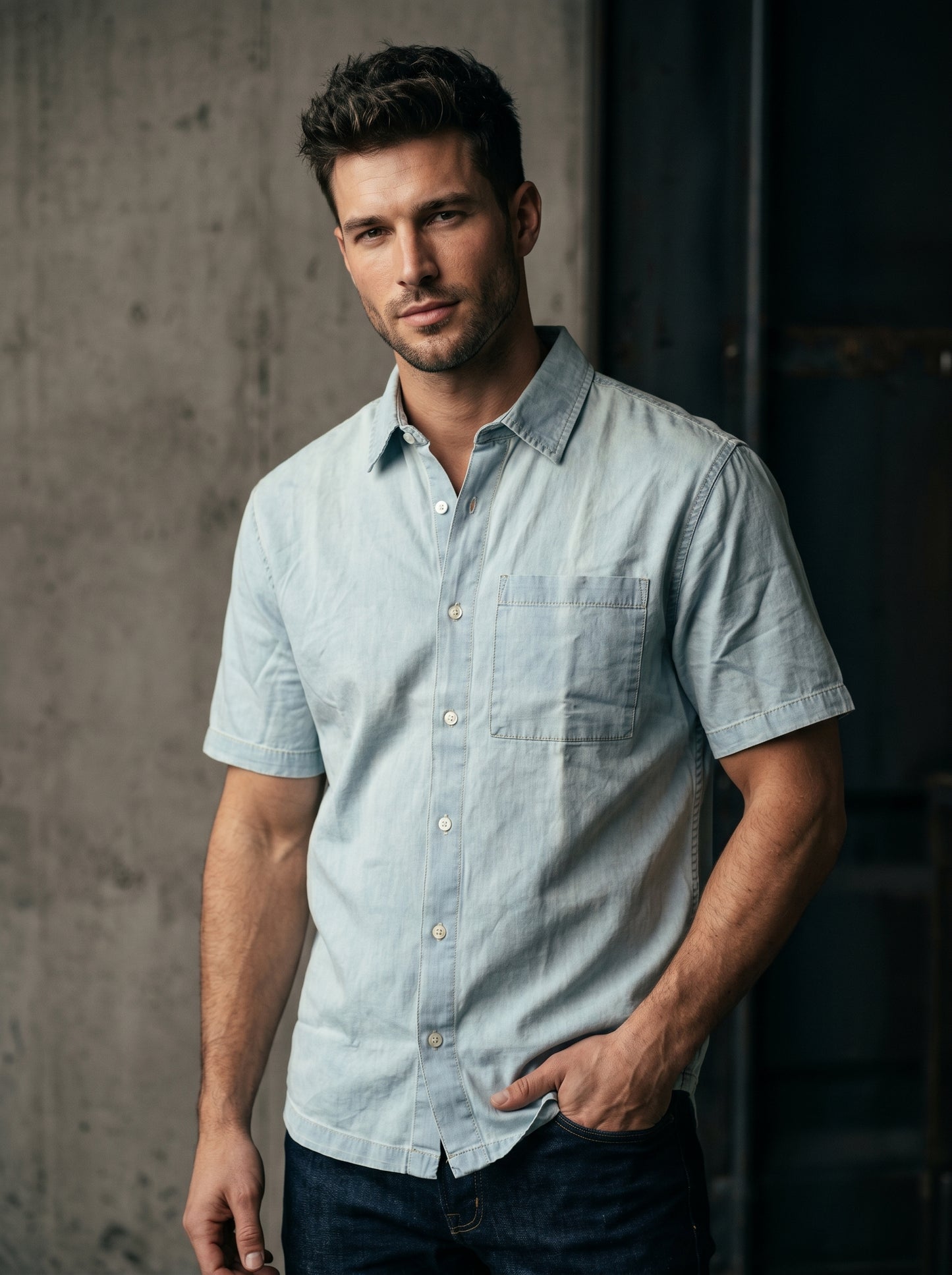 Mint light-wash denim half-sleeve button-up shirt, front view with chest pocket
