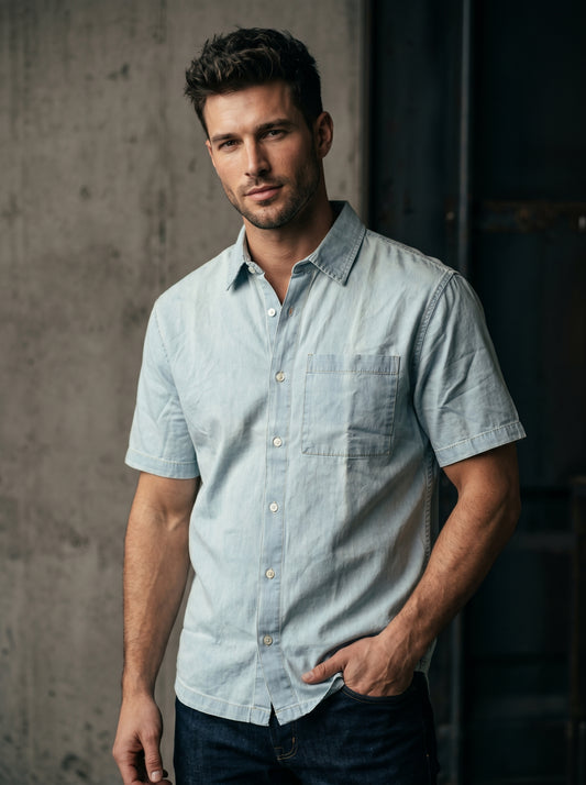 Mint light-wash denim half-sleeve button-up shirt, front view with chest pocket