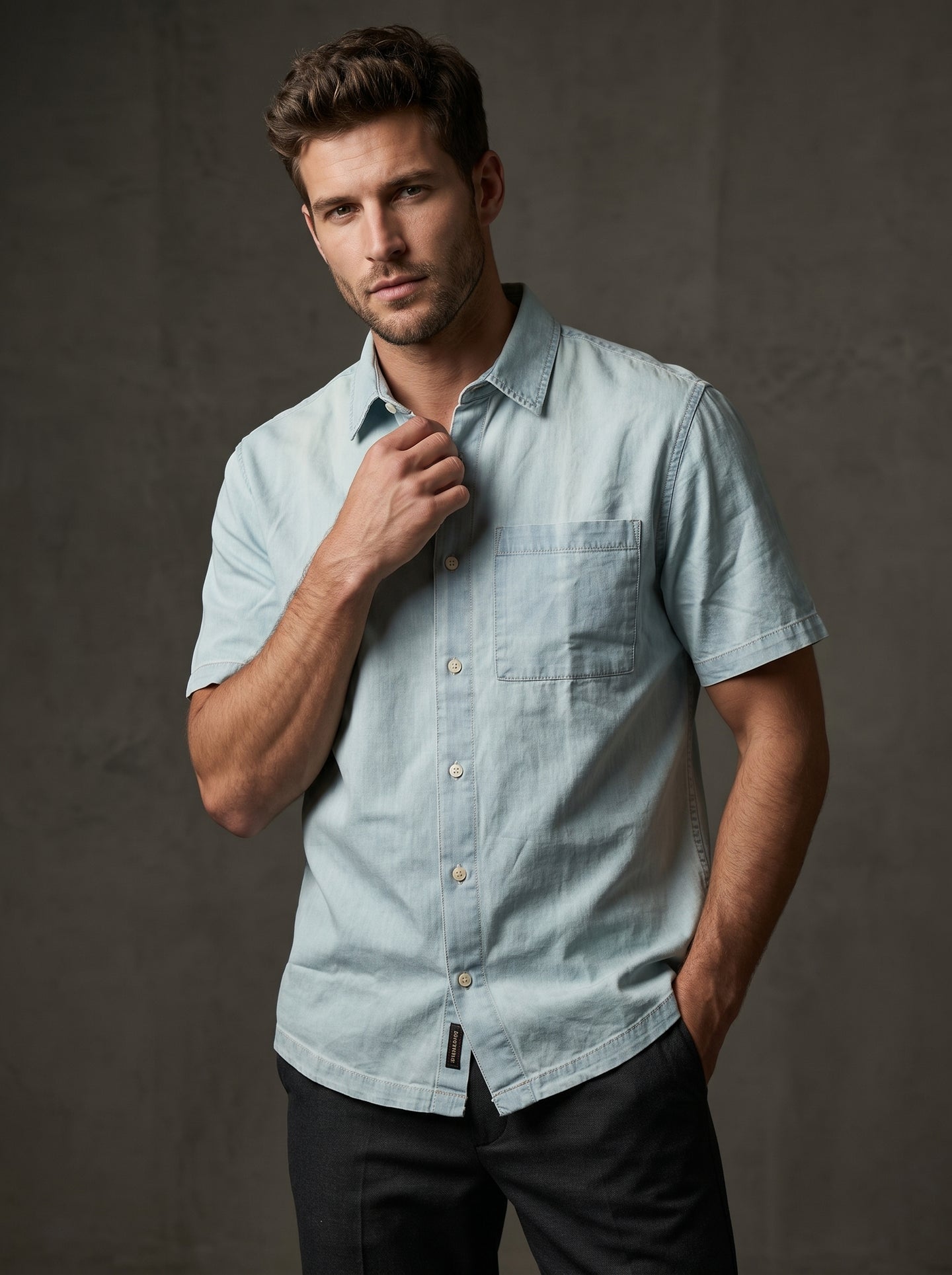 Mint light-wash denim half-sleeve button-up shirt with chest pocket