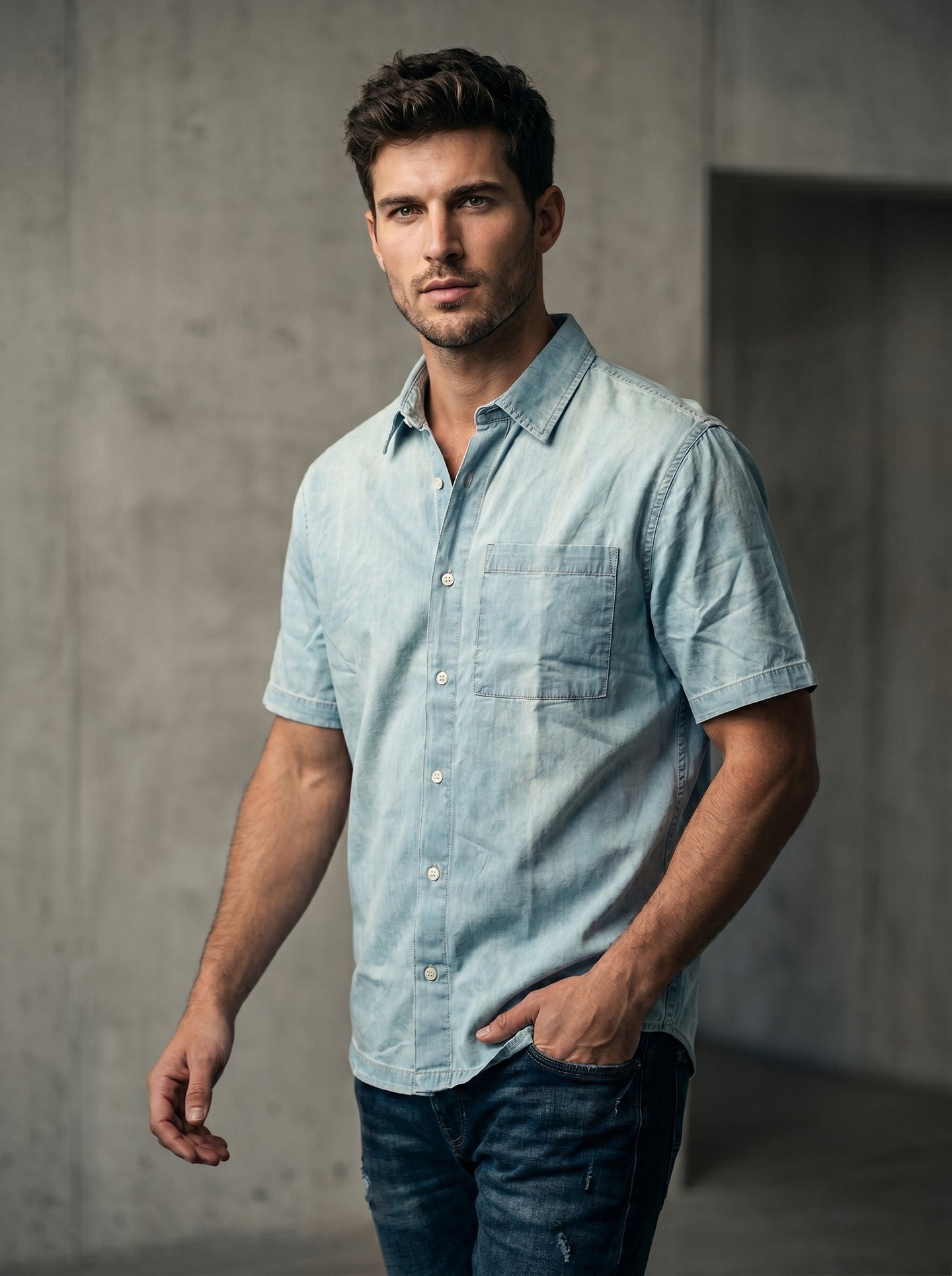 Mint light-wash denim half-sleeve button-up shirt, relaxed fit front