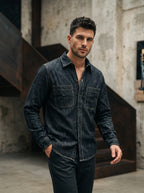 Lightweight slub denim long-sleeve shirt with two chest pockets, button front, dark wash