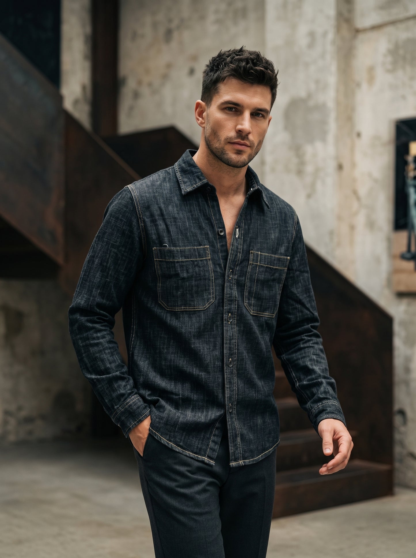 Lightweight slub denim long-sleeve shirt with two chest pockets, button front, dark wash