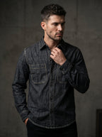 Men's dark wash slub denim long-sleeve shirt, two chest pockets, button-up front