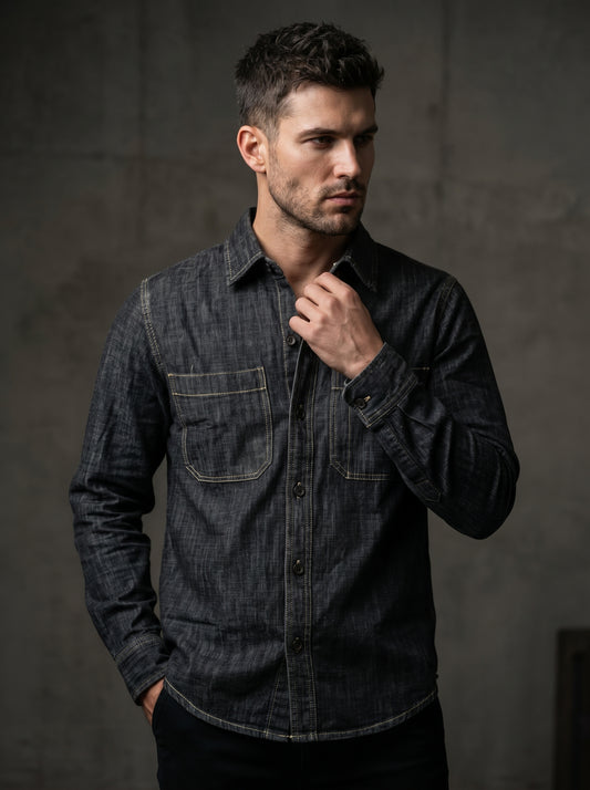 Men's dark wash slub denim long-sleeve shirt, two chest pockets, button-up front