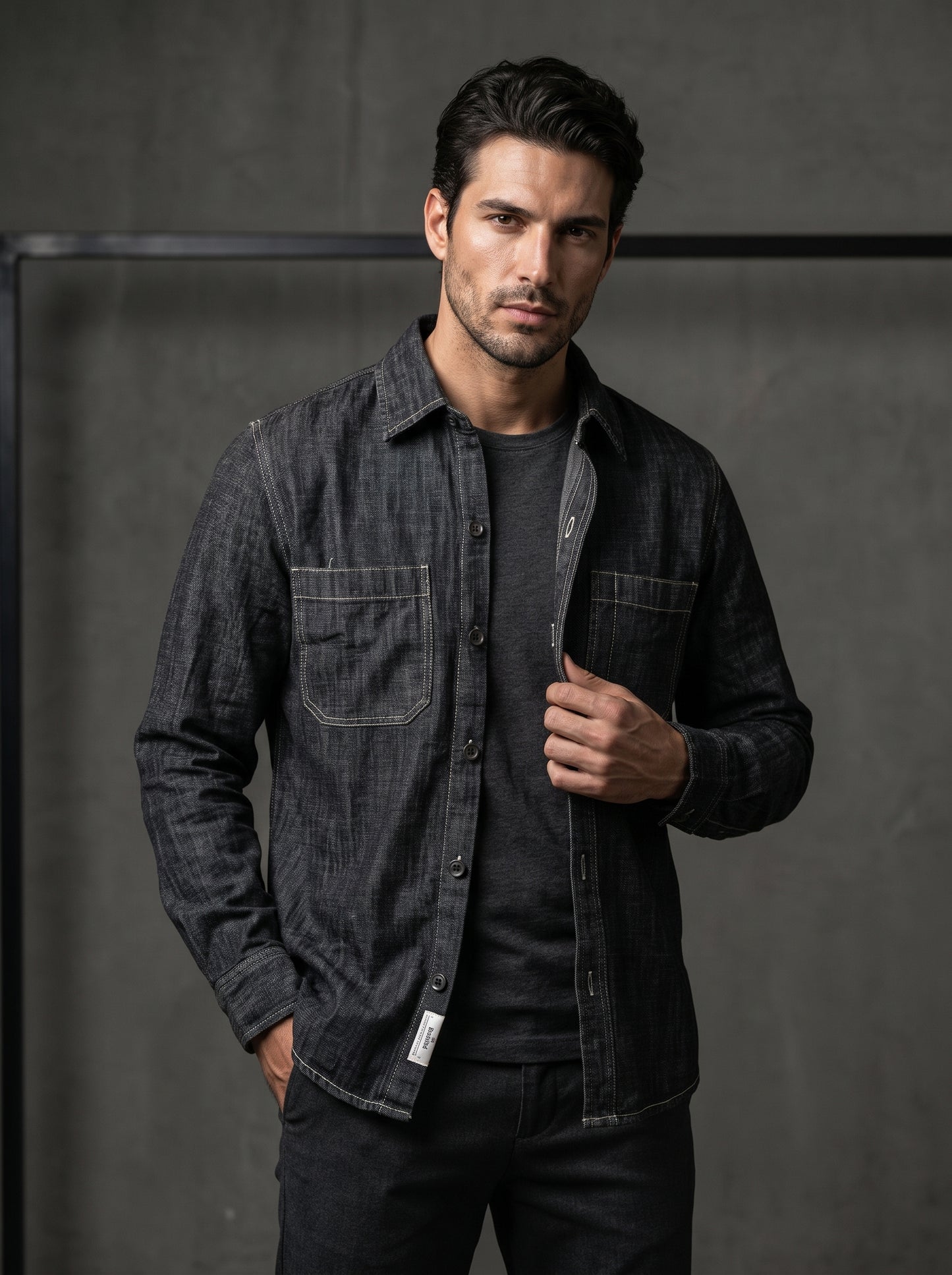 Men's dark slub denim button-up shirt with two chest pockets and long sleeves