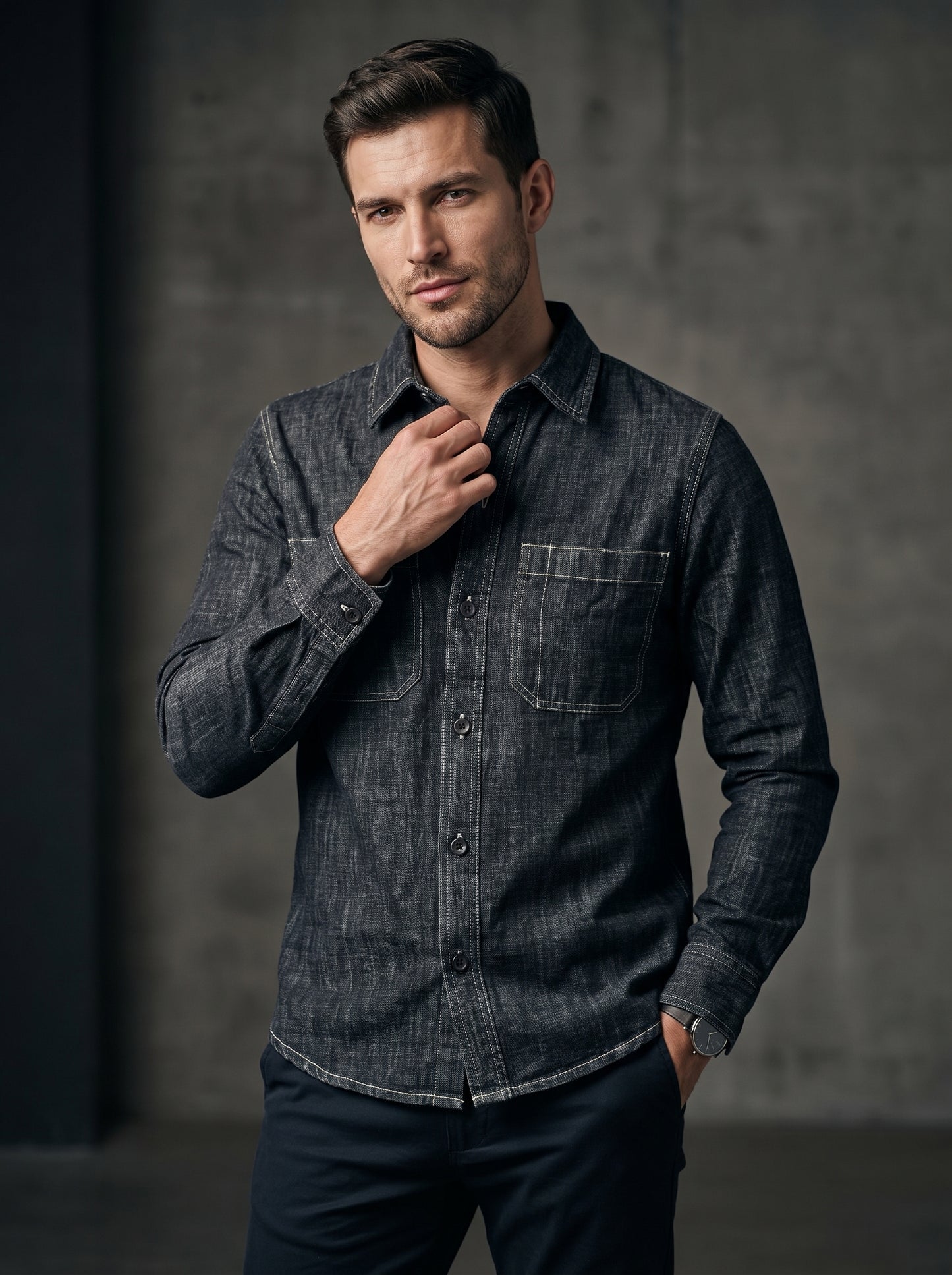 Men's dark slub denim long-sleeve shirt with two chest pockets, button front