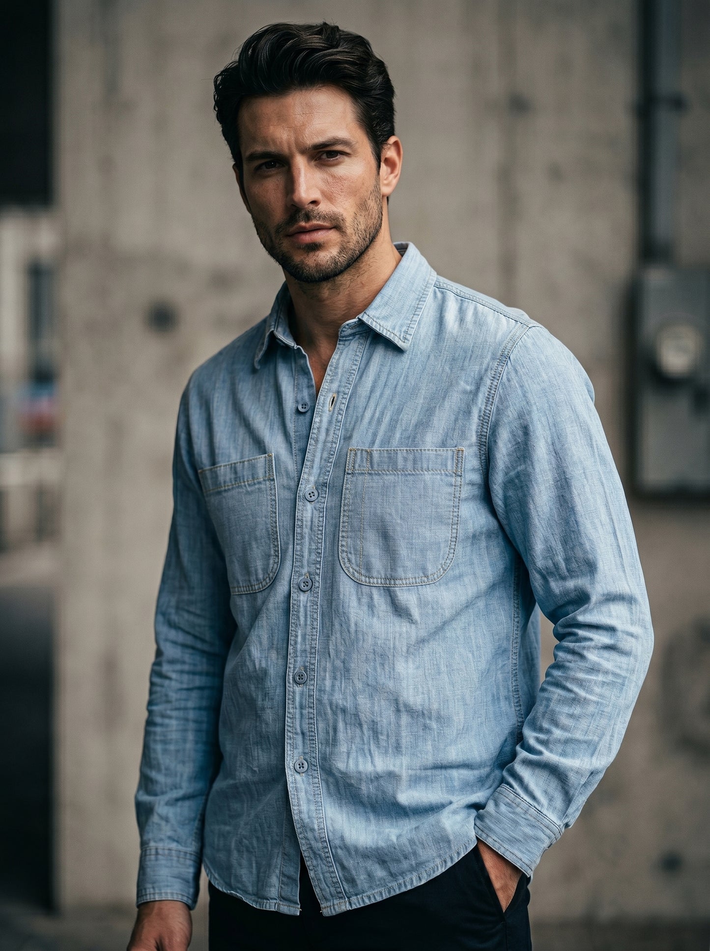 Men's light-wash denim long-sleeve shirt with two chest pockets and button front
