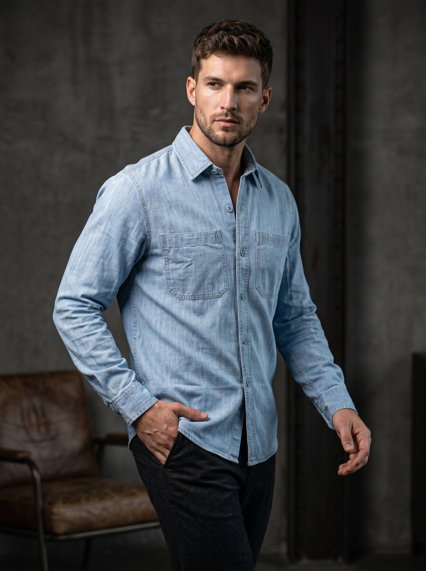 Men's light-wash denim long-sleeve shirt with two chest pockets and button front