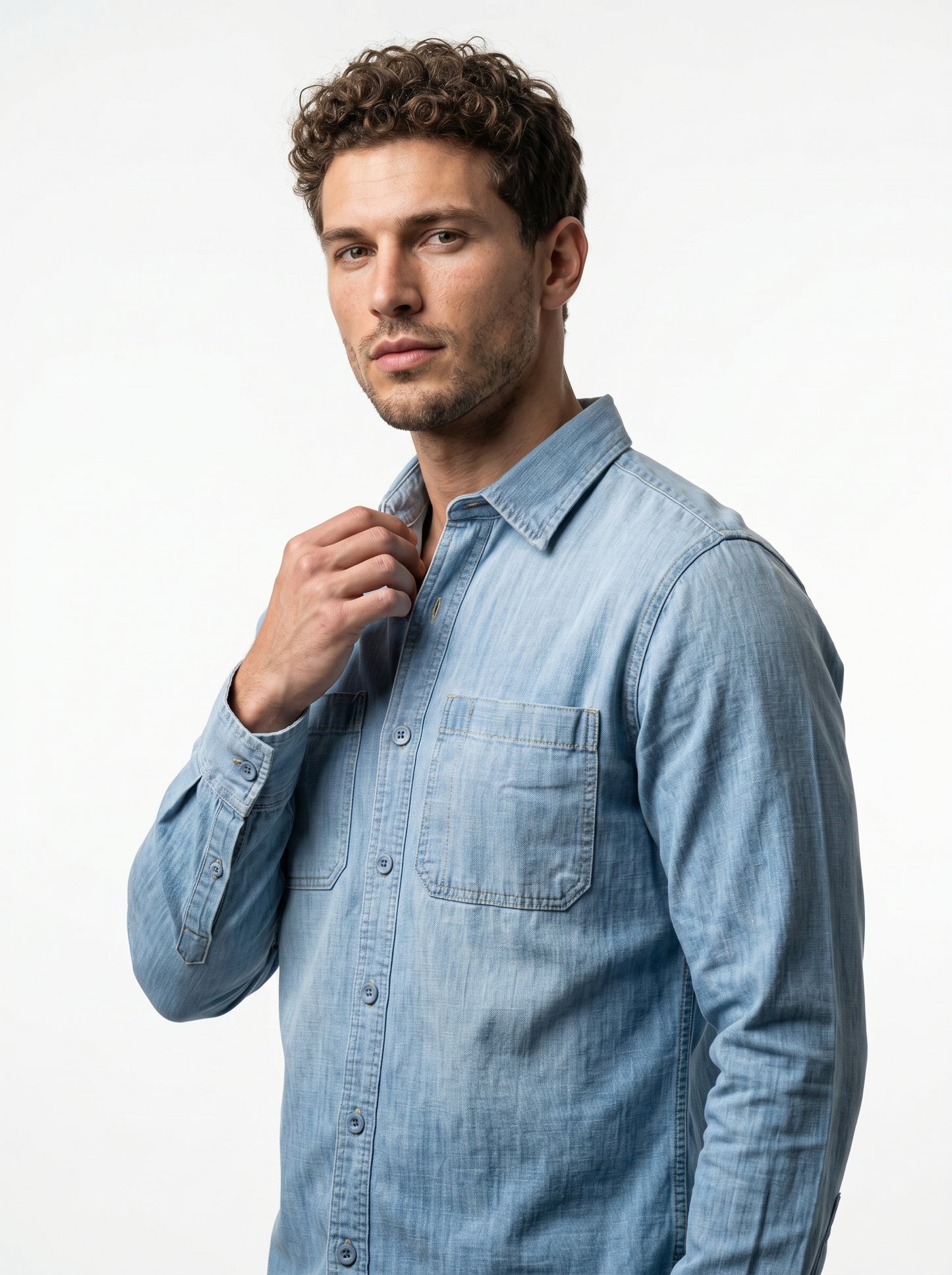 Men's light-wash denim long-sleeve shirt with chest pockets and single-button cuffs