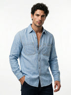 Men's light-wash denim long-sleeve shirt with two chest pockets and button front