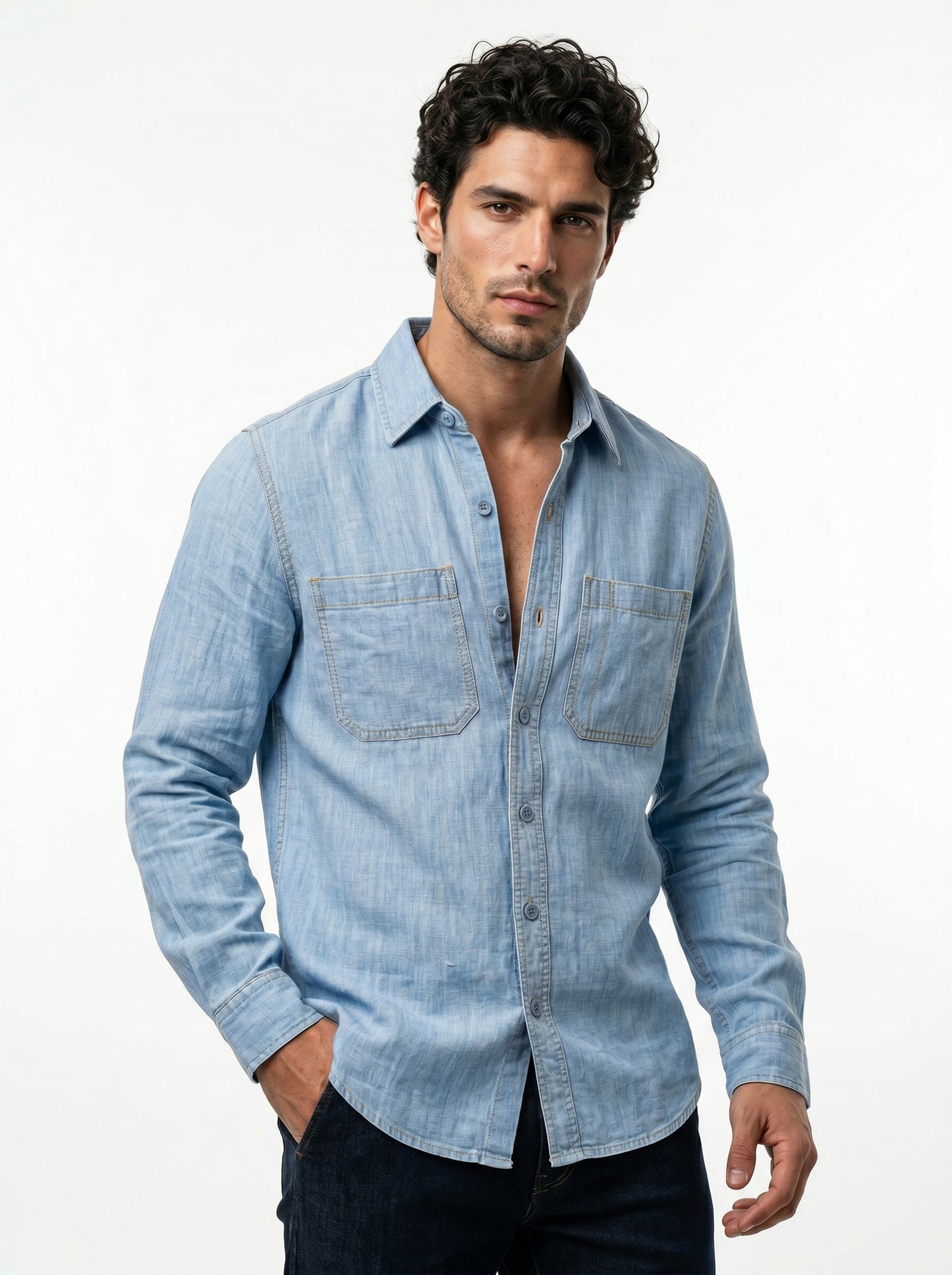 Men's light-wash denim long-sleeve shirt with two chest pockets and button front