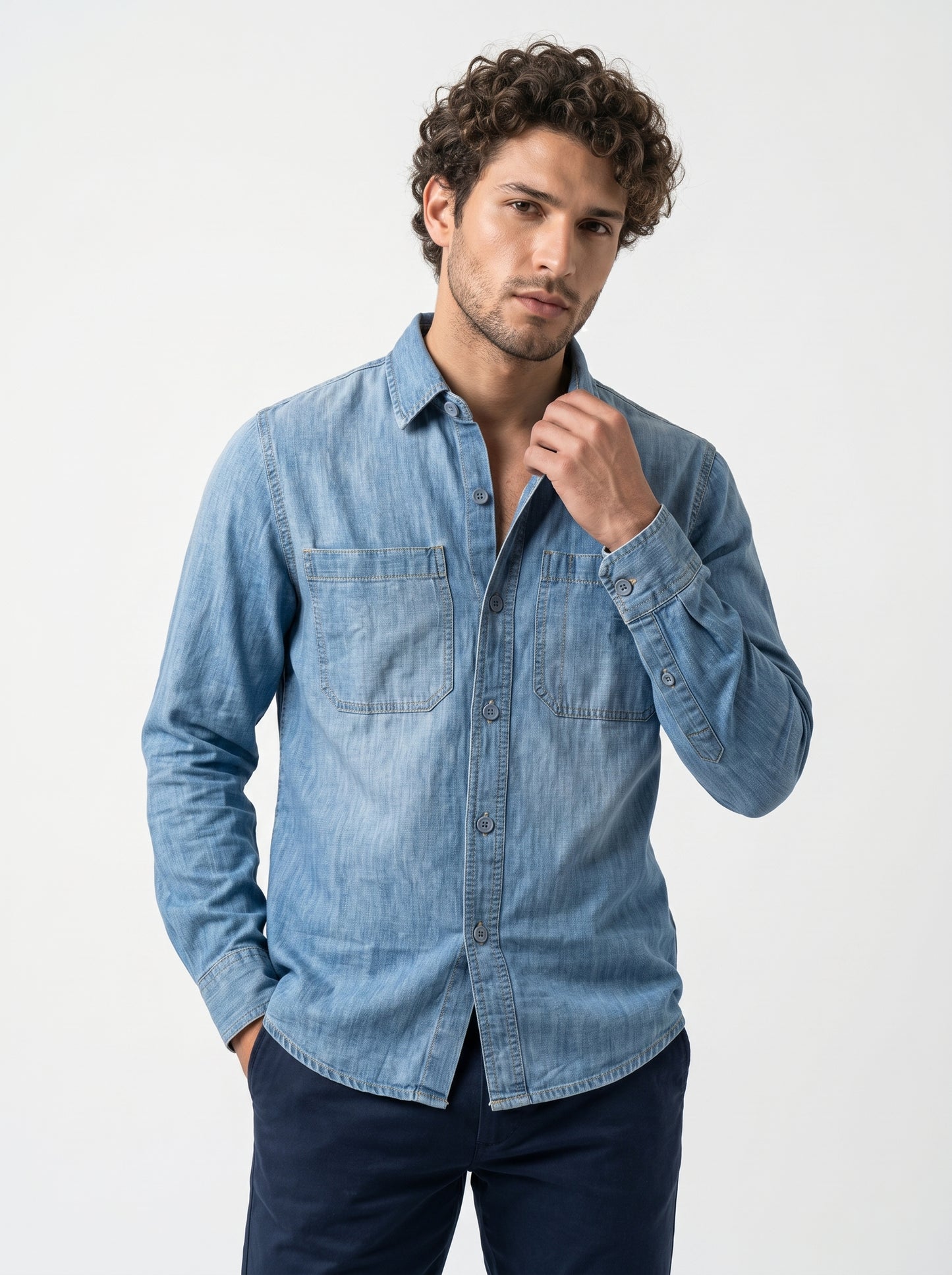 Men's light-wash denim long-sleeve shirt with two chest pockets and button front