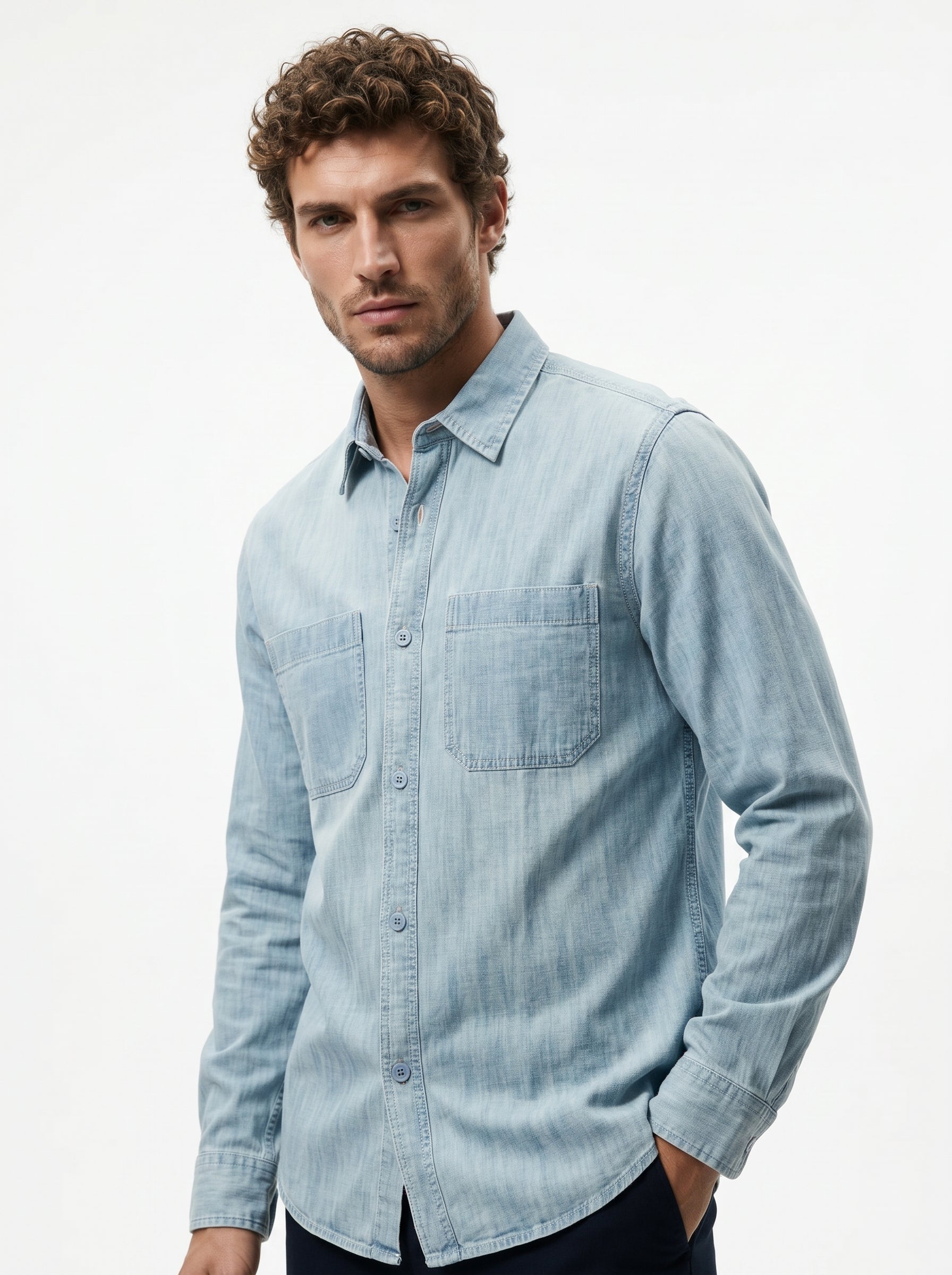Light blue denim long-sleeve button-up shirt with chest pocket and curved hem