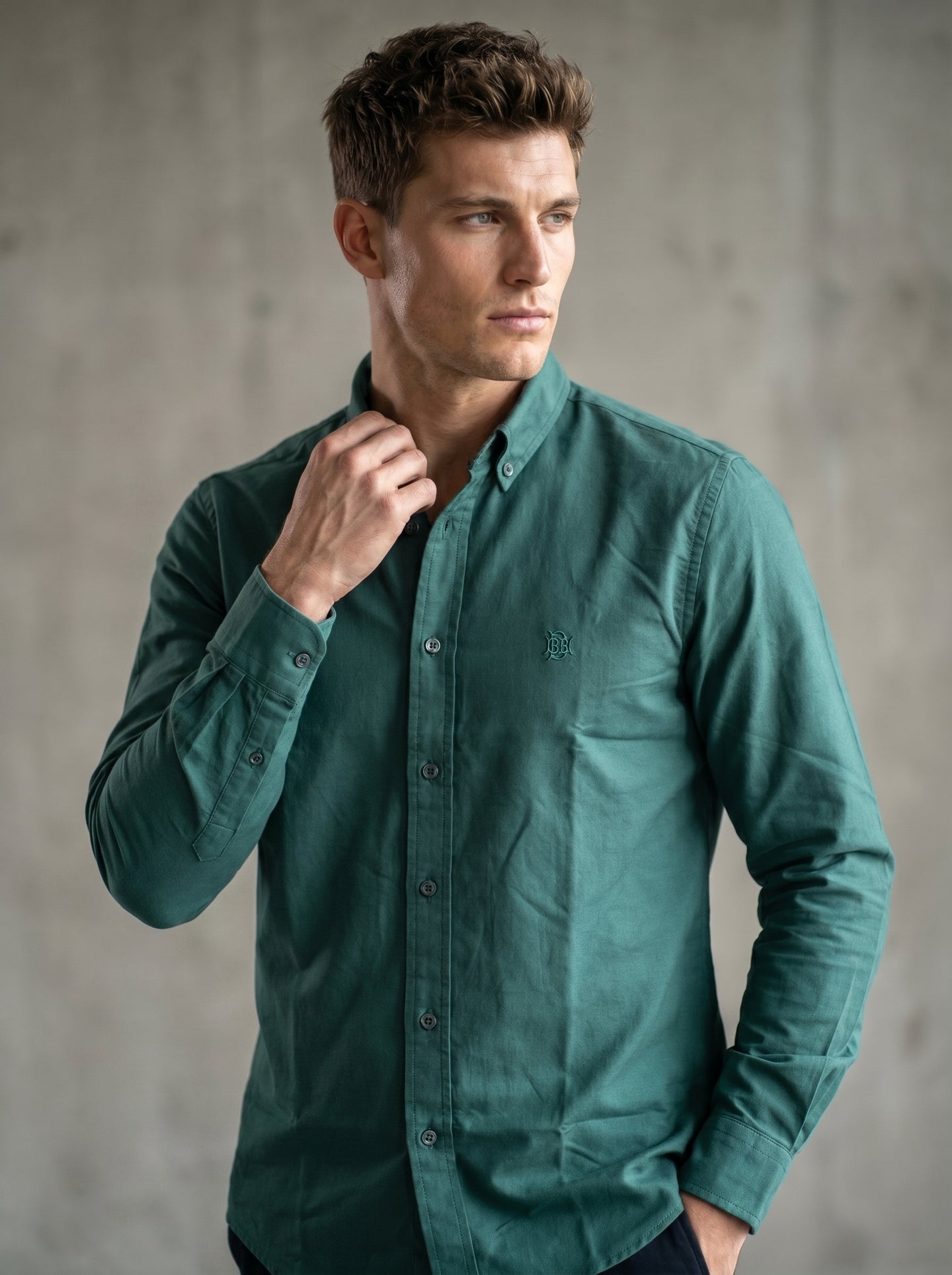 Rich Timber Green Textured Oxford Shirt with Tonal Monogram