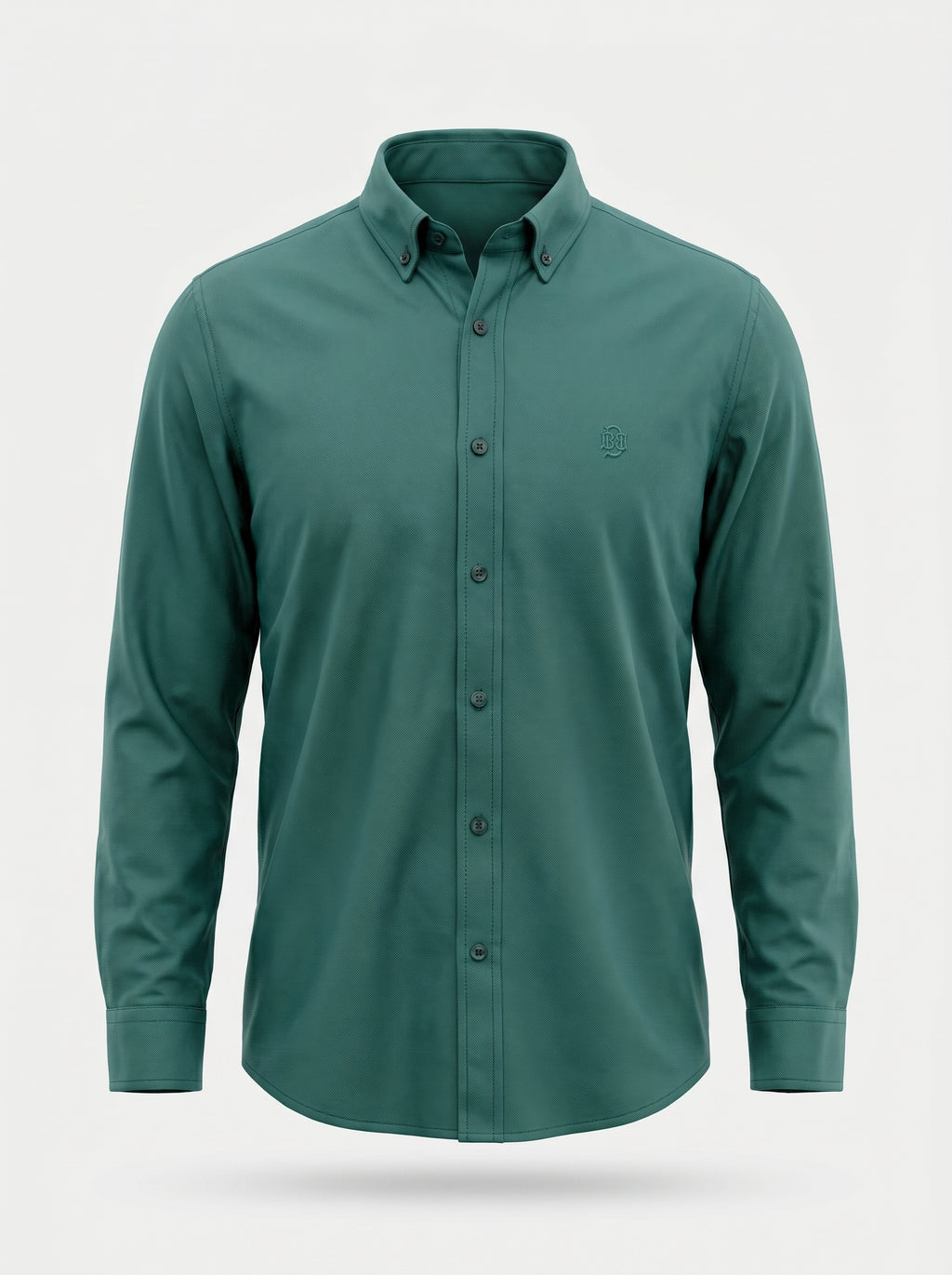 Green textured oxford button-down shirt, long sleeves, tonal chest detail