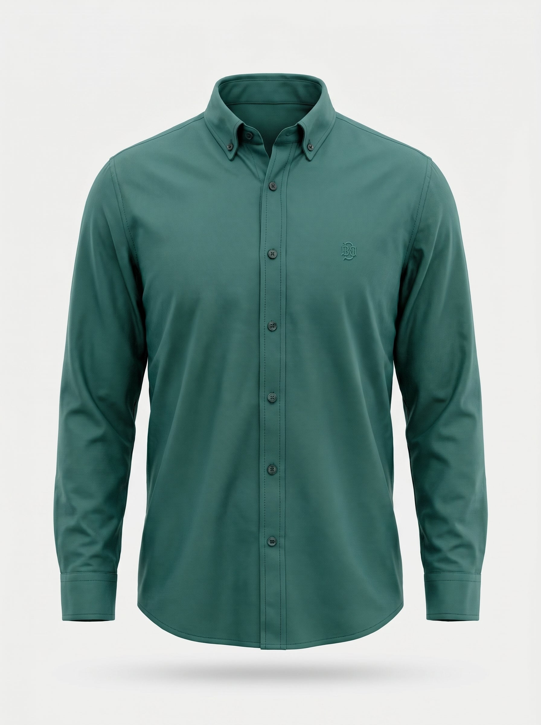 Green textured oxford button-down shirt, long sleeves, tonal chest detail