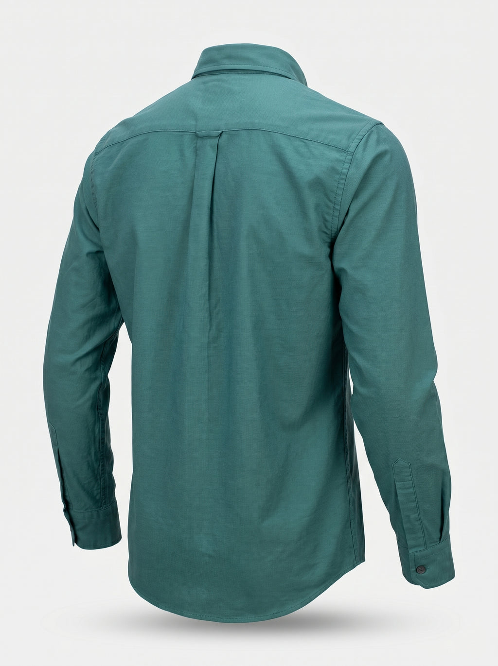 Green textured oxford shirt back view with yoke and center seam