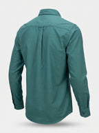 Green textured oxford shirt back view with yoke and center seam