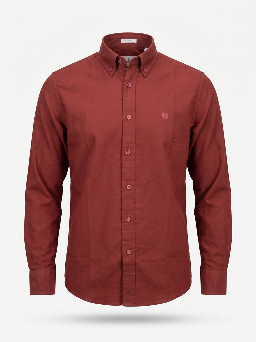 Maroon textured oxford button-up shirt with tonal monogram on chest, front view