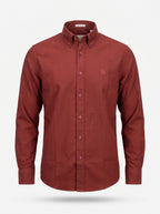 Maroon textured oxford button-up shirt with tonal monogram on chest, front view