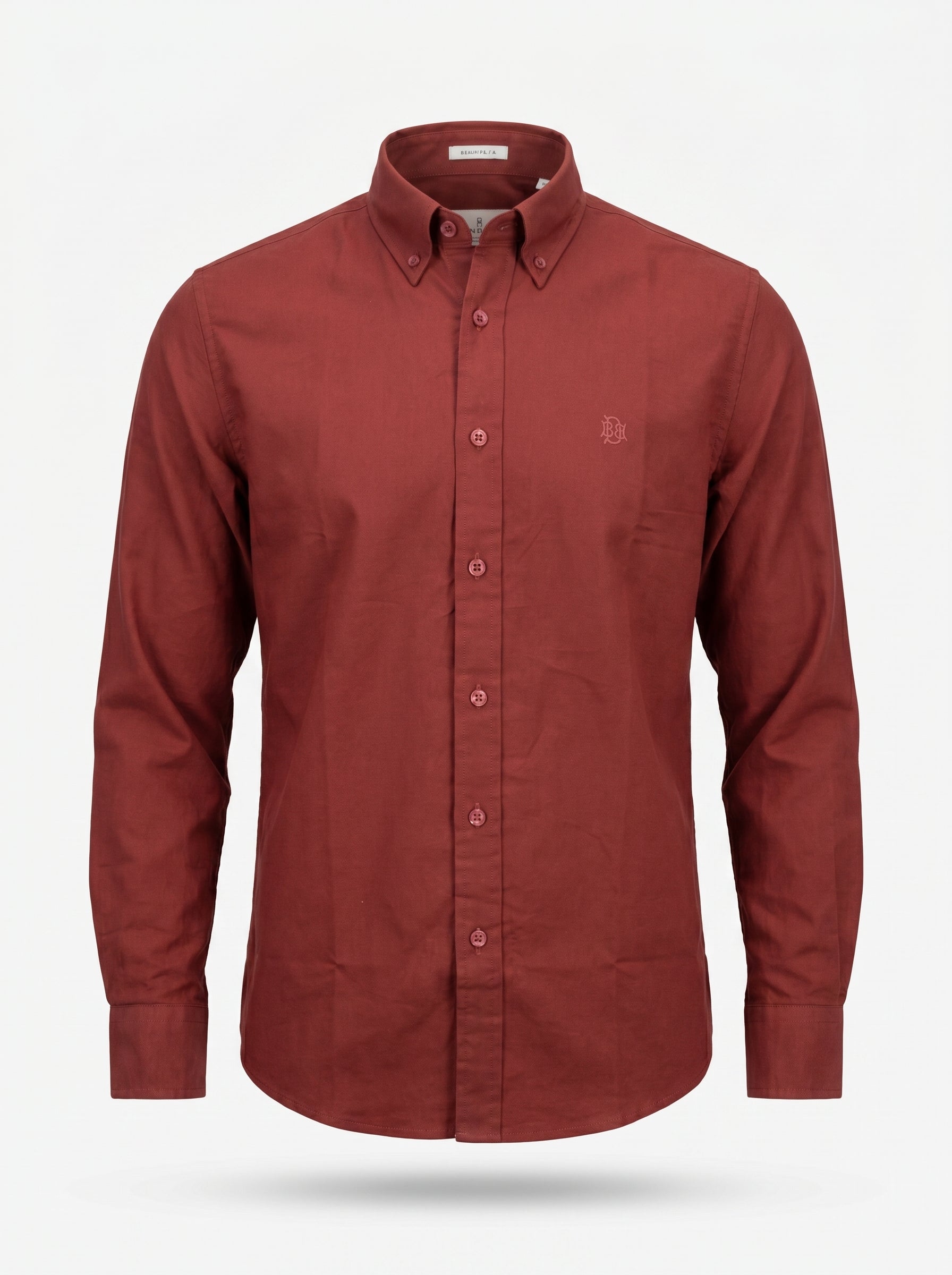 Maroon textured oxford button-up shirt with tonal monogram on chest, front view