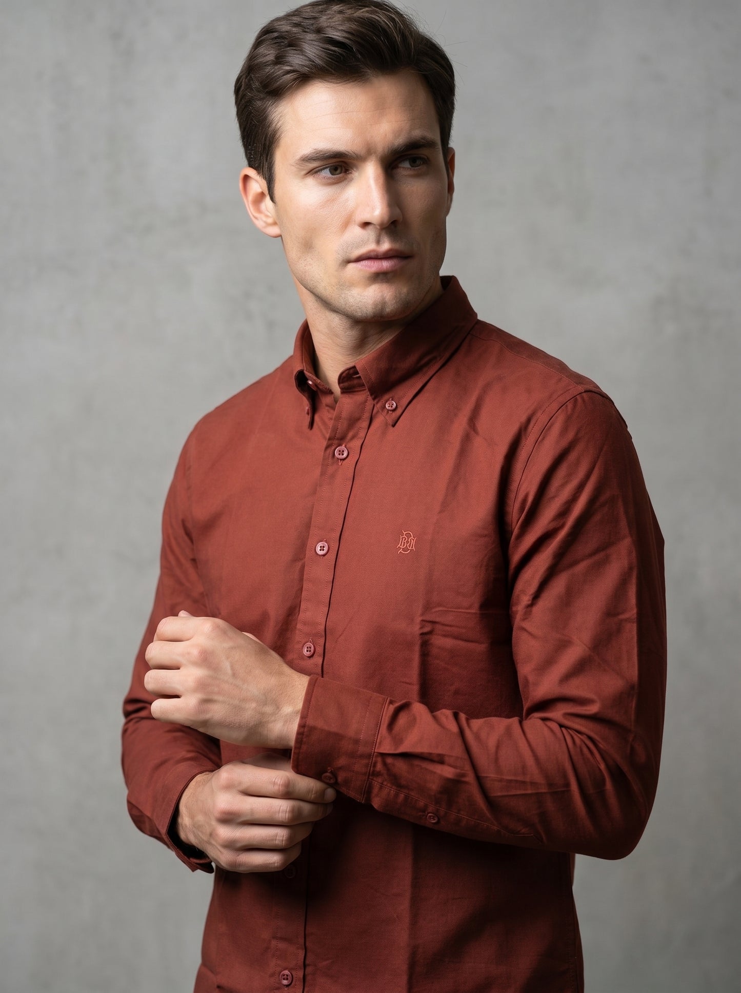 Rich Earthy Maroon Textured Oxford Shirt with Tonal Monogram