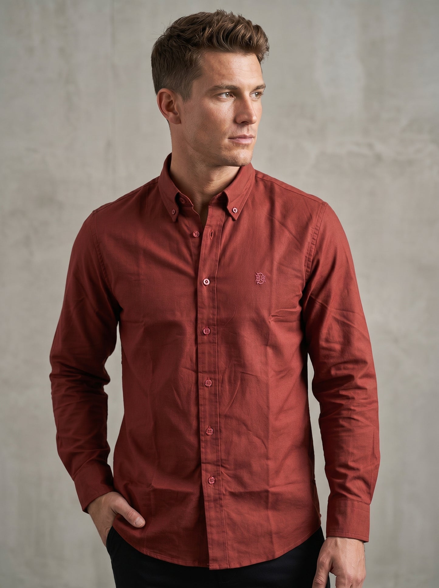 Rich Earthy Maroon Textured Oxford Shirt with Tonal Monogram