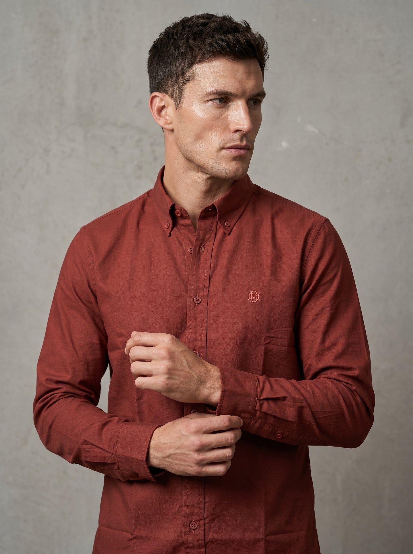 Rich Earthy Maroon Textured Oxford Shirt with Tonal Monogram