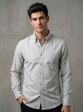 Light grey textured oxford button-up shirt, long sleeves, front buttons
