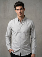 Light grey textured oxford button-up shirt, long sleeves, front buttons