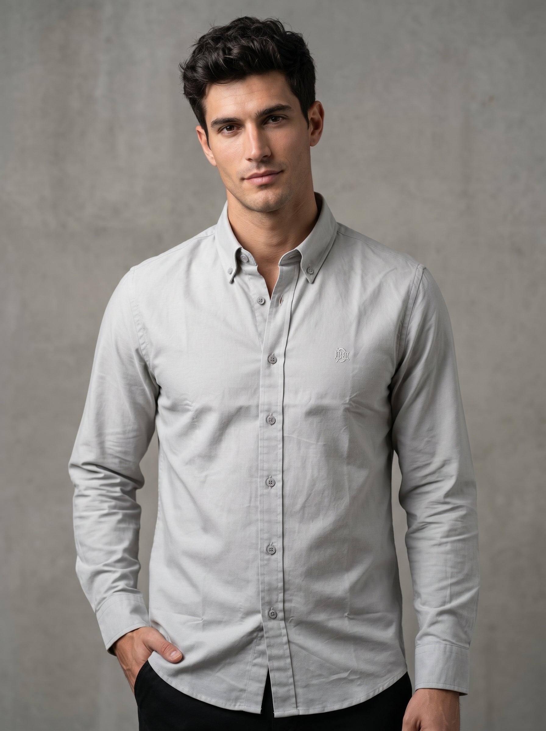 Light grey textured oxford button-up shirt, long sleeves, front buttons